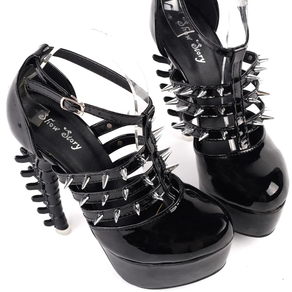 Punk Black Spiked Platform Bone Heel Shoes