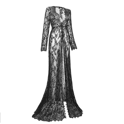 Midnight Reverie: Long Black Lace Dress with Ornate Floral Pattern