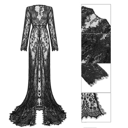 Midnight Reverie: Long Black Lace Dress with Ornate Floral Pattern