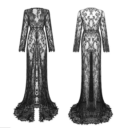 Midnight Reverie: Long Black Lace Dress with Ornate Floral Pattern