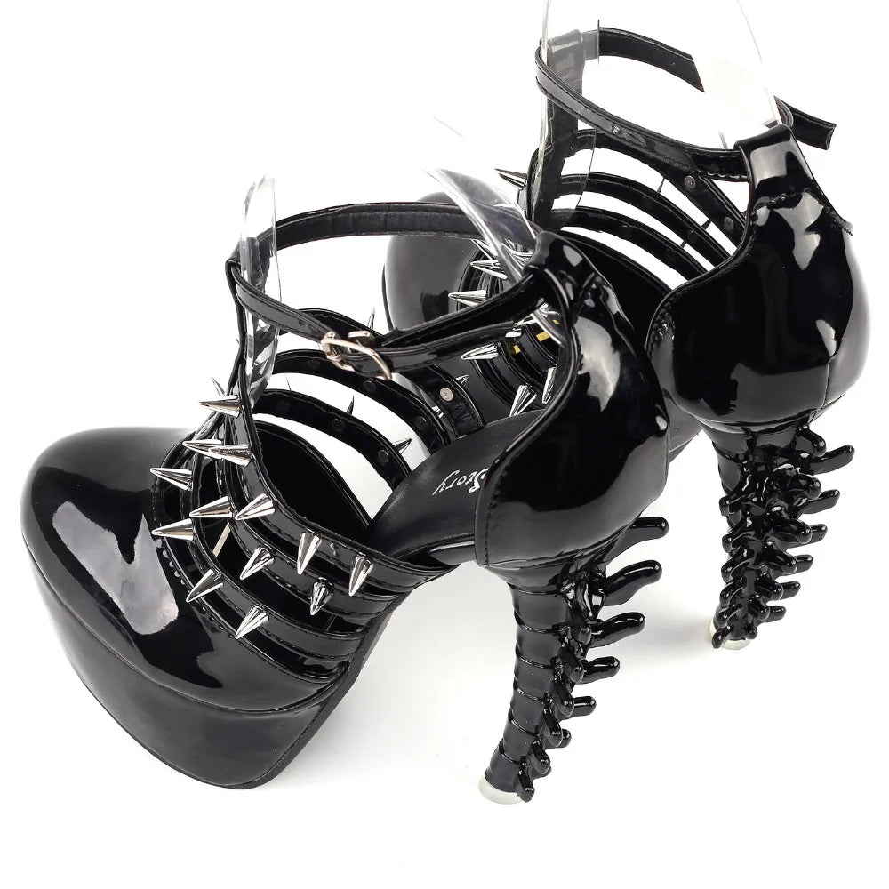 Punk Black Spiked Platform Bone Heel Shoes