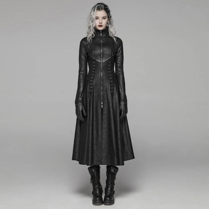 Dark Punk Front Zipper Stand Collar Maxi Goth Overcoat