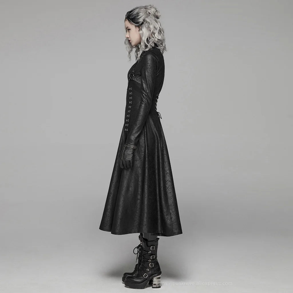 Dark Punk Front Zipper Stand Collar Maxi Goth Overcoat