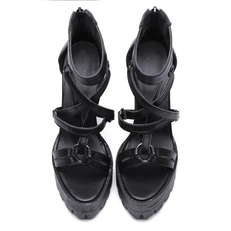 Pentagram Design Strappy Thick Heeled Shoes