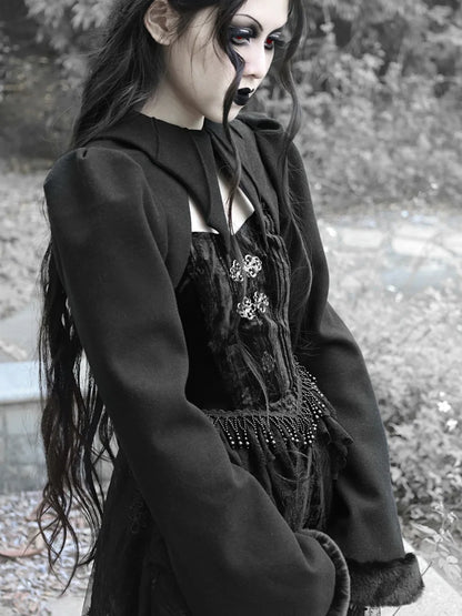 Gothic Black Woolen Bat Collar Flare Sleeve Short Coat