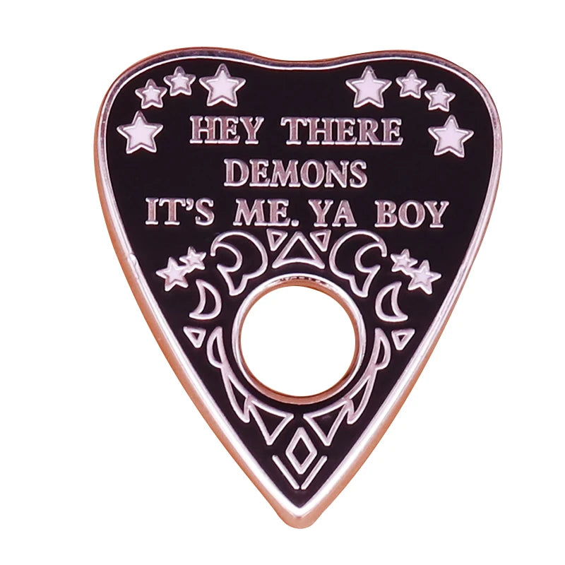 Black spooky demon planchette Ouija enamel pin