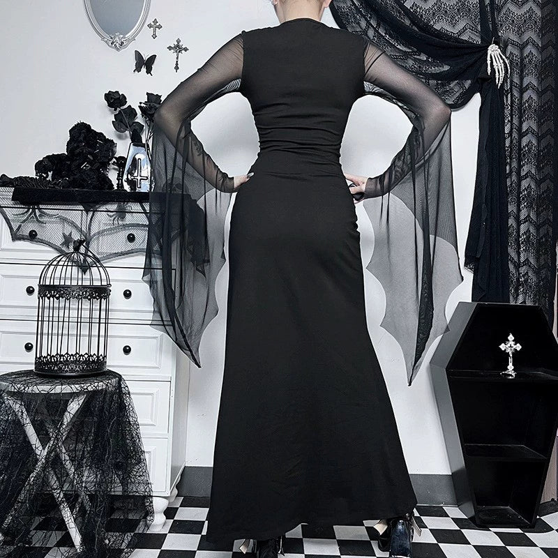 Long See Through Bell Sleeve Leg Slit Gothic Dress