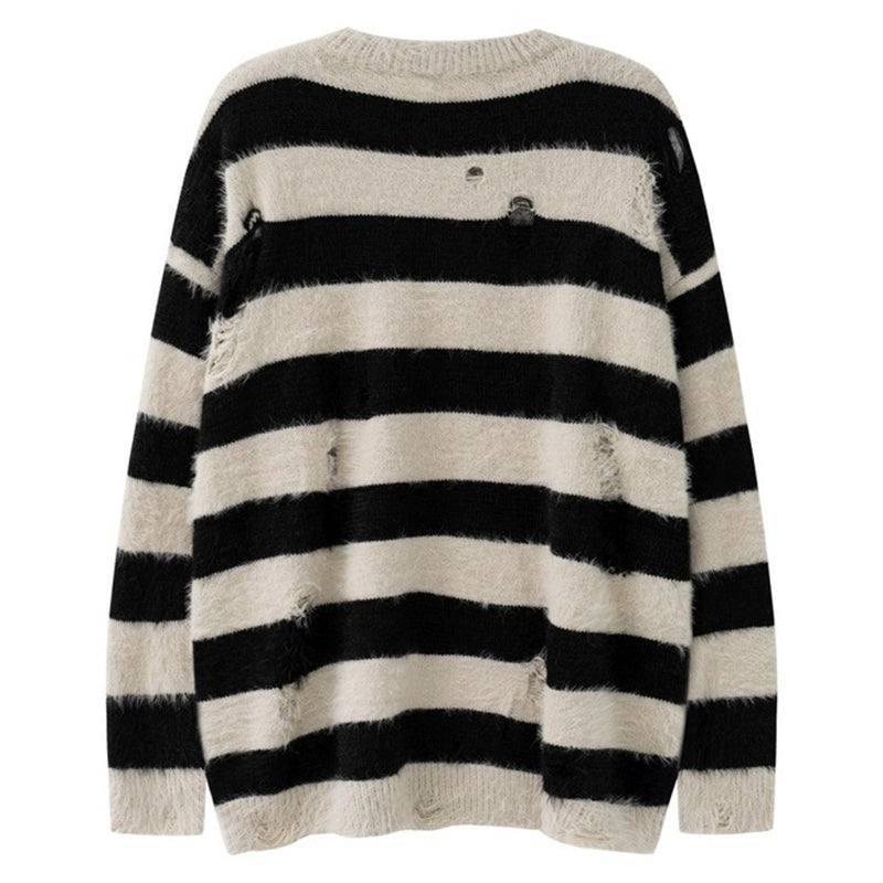 Fuzzy Striped Ripped Sweater