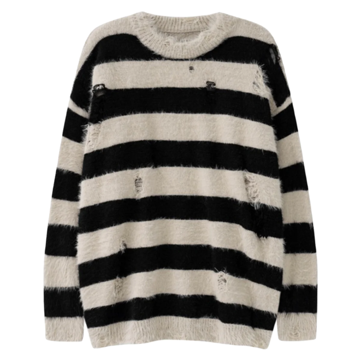 Fuzzy Striped Ripped Sweater