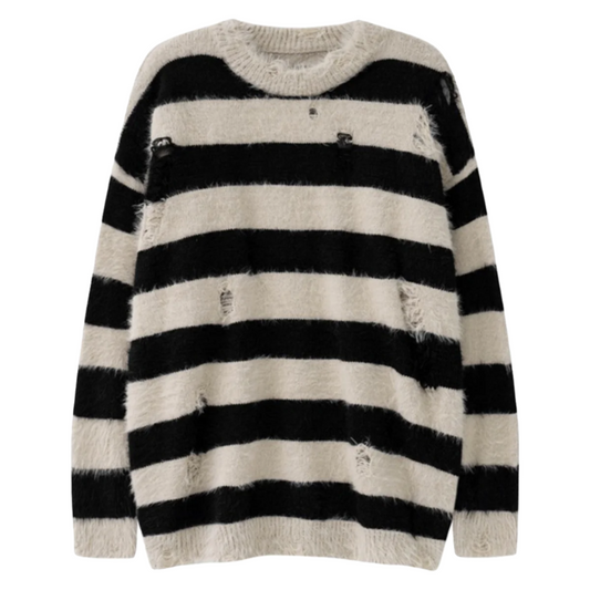 Fuzzy Striped Ripped Sweater