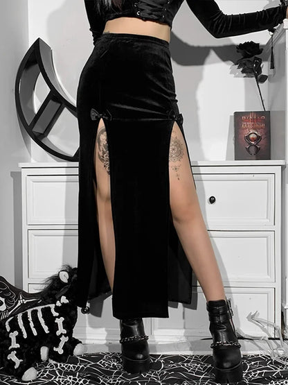 Goth Vintage Black Velvet Split Skirt