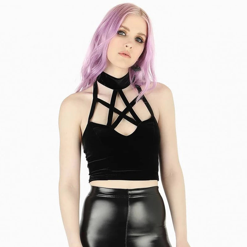 Manifest Black Velvet Pentacle Halter Crop Top Shirt