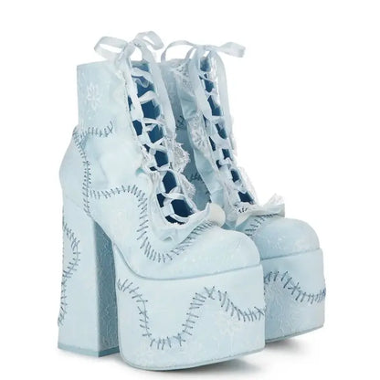 Frankenstein's Monster Baby Blue Lace up Platform Ankle Boots