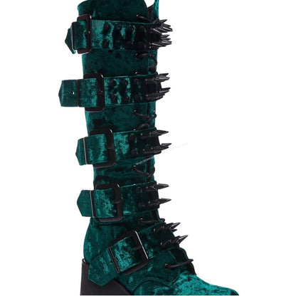 Green Velvet Spiked Goth Wedge Platform Boots