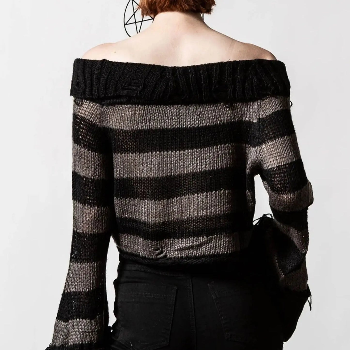 Dark Queen Striped Off Shoulder Distressed Sweater