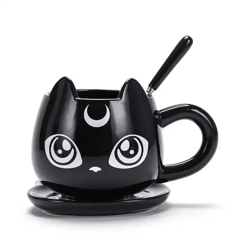 Black Cat Mug with Spoon and Tray