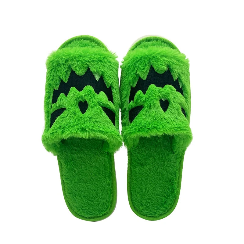 Neon Green Jack-o-lantern Fuzzy House Slippers