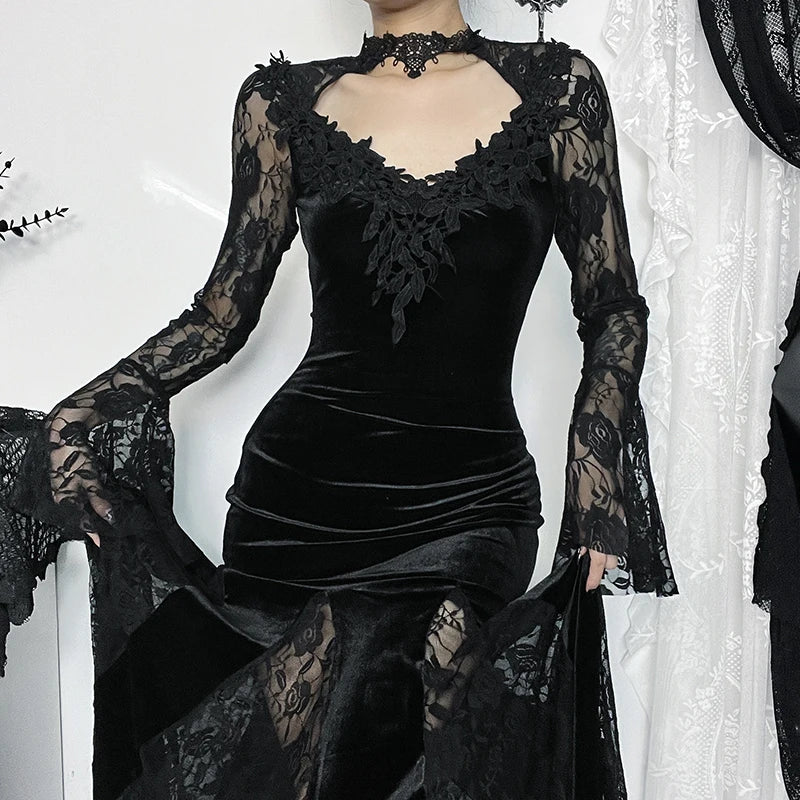 Long Bell Sleeve Lace Trim Slit Dress