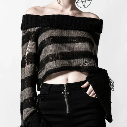 Dark Queen Striped Off Shoulder Distressed Sweater