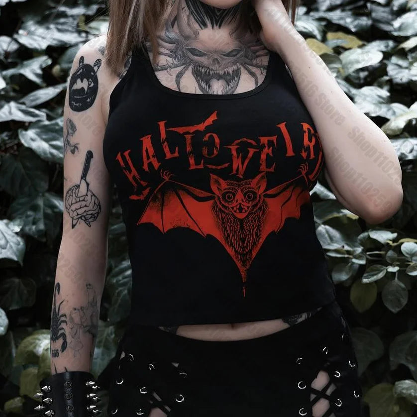 Halloweird Gothic Bat Graphic Crop Top Shirt