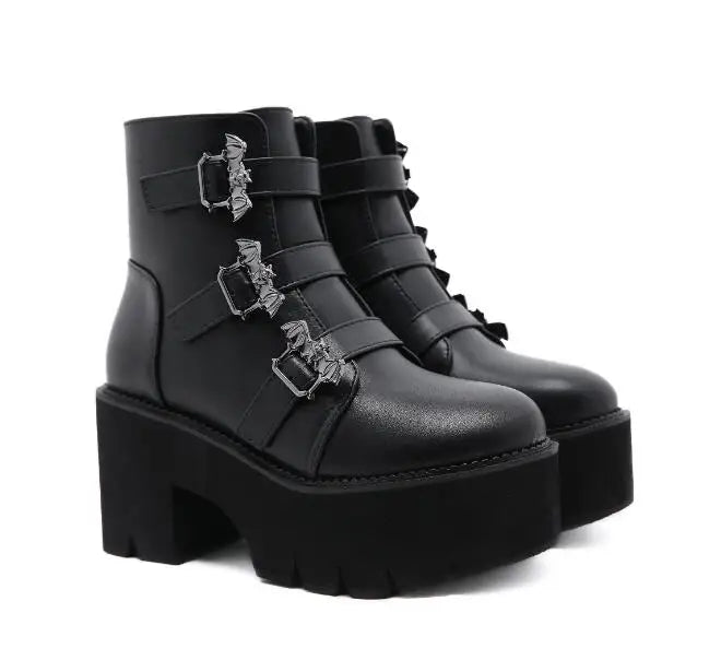 Bat Buckle Platform Ankle Boots