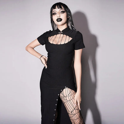 Dark Goth Chest Chain Leg Slit Dress