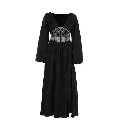 Dark Goth Cathedral High Slit V-Neck Dress