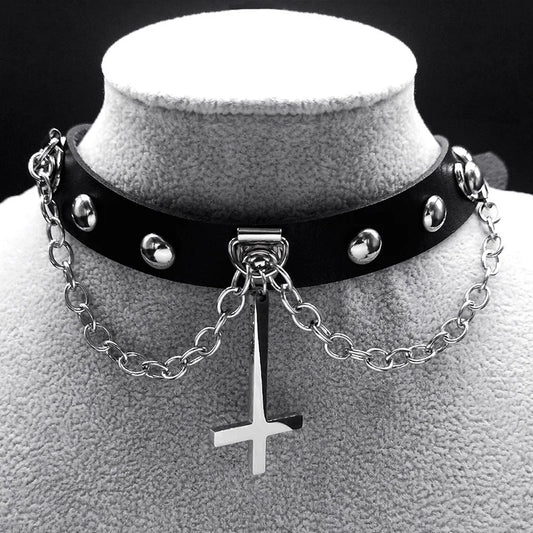 Inverted Cross Stainless Steel Punk Choker Necklace