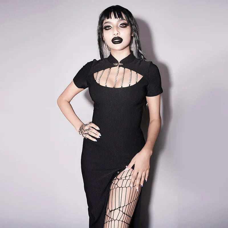 Dark Goth Chest Chain Leg Slit Dress