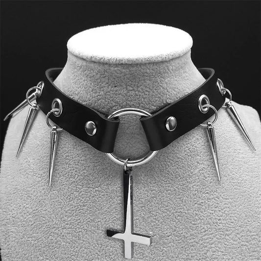 Inverted Cross Stainless Steel Punk Choker Necklace