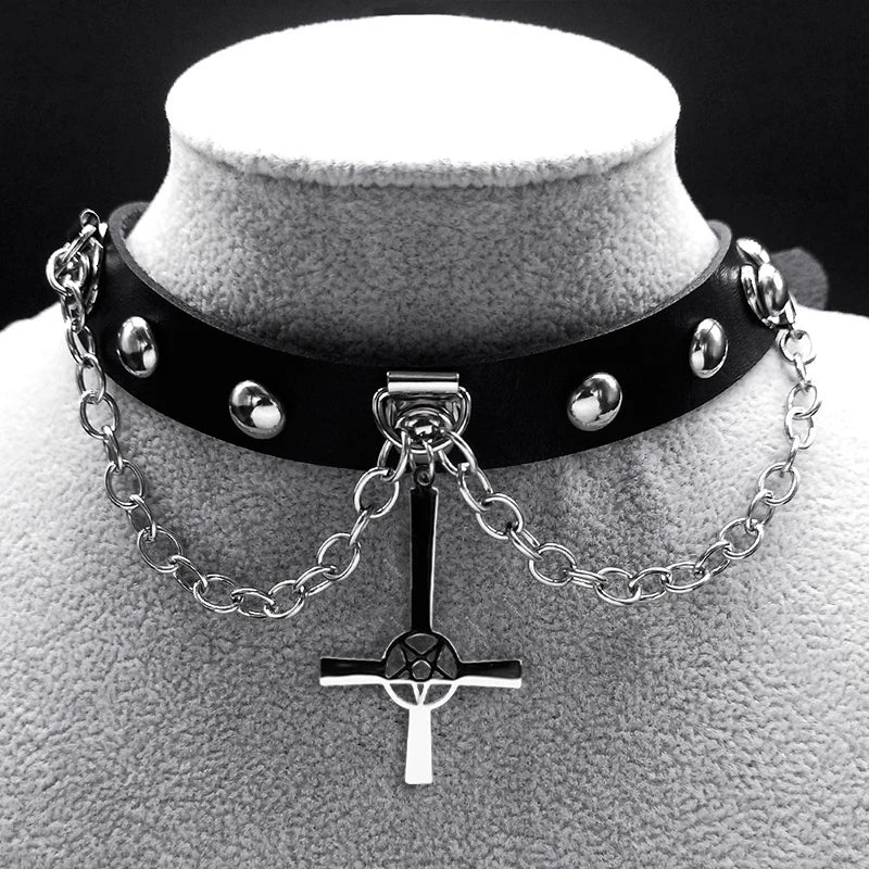 Inverted Cross Stainless Steel Pentagram Punk Choker Necklace