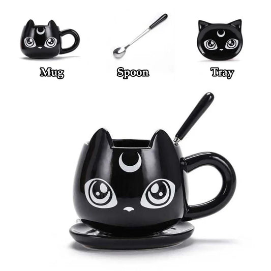 Black Cat Mug with Spoon and Tray