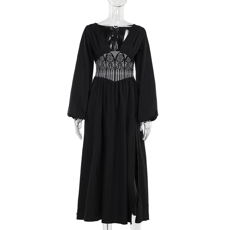 Dark Goth Cathedral High Slit V-Neck Dress