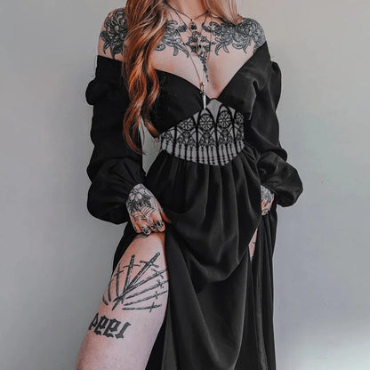 Dark Goth Cathedral High Slit V-Neck Dress