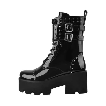 Patent Leather Ankle Buckle Platform Combat Boots