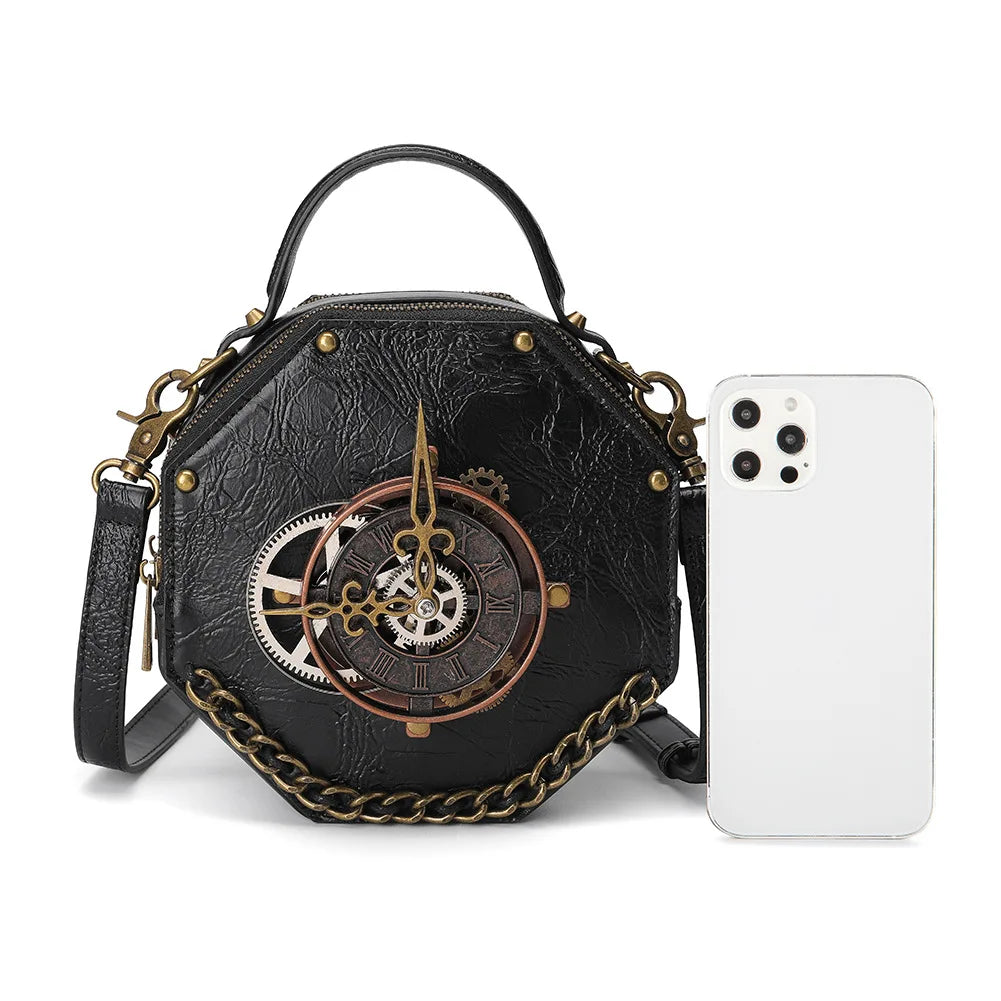 Leather Clock Bag Steampunk hand and Shoulder Bag