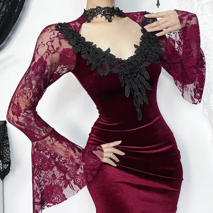 Long Bell Sleeve Lace Trim Slit Dress