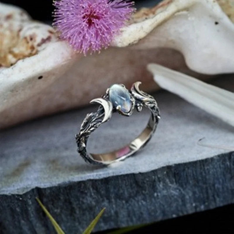 Tibetan silver Double Moon Tension Mount Gemstone Ring