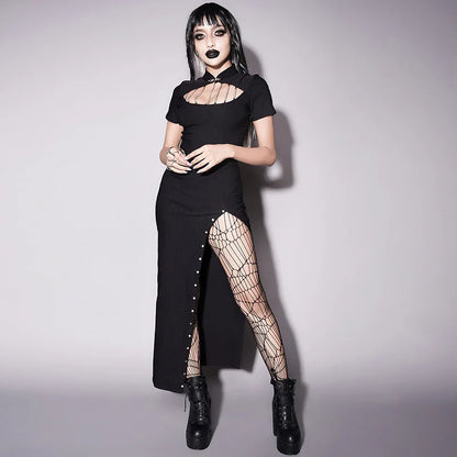 Dark Goth Chest Chain Leg Slit Dress