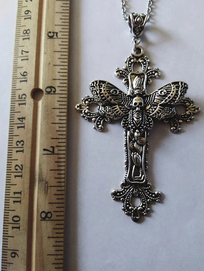 Vintage Victorian Large Death Moth Cross Necklace