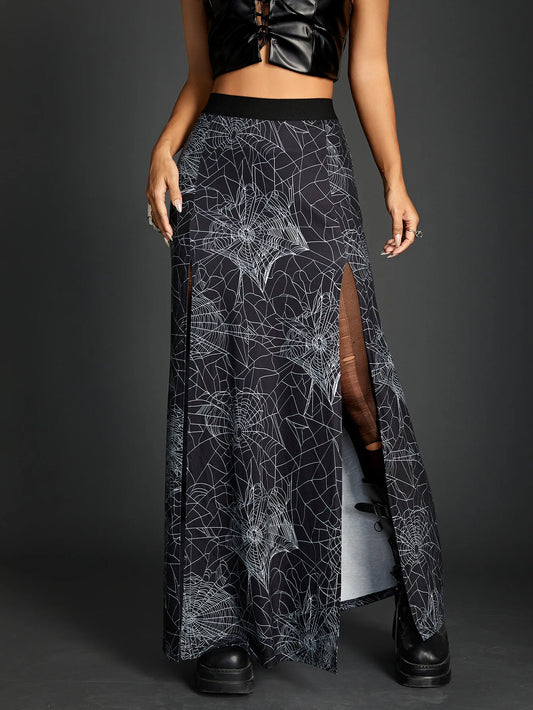 Dark Spider Web Printed Split Long Skirt