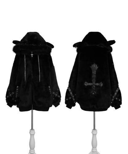 Inverted Cross Sheep Ear Hooded Jacket]