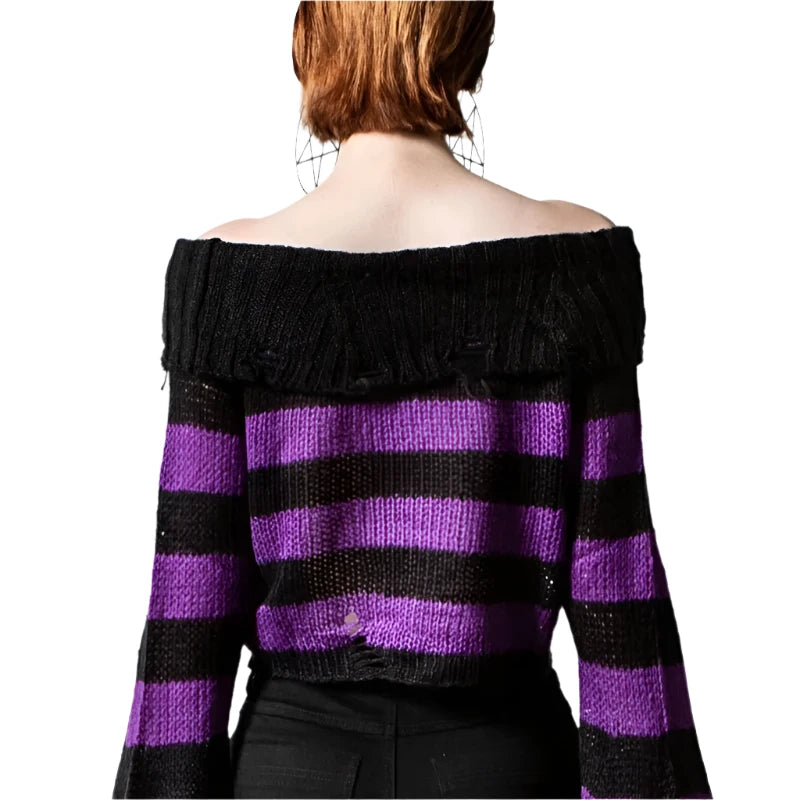 Amethyst Striped Off Shoulder Crop Distressed Sweater