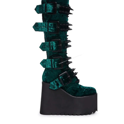 Green Velvet Spiked Goth Wedge Platform Boots