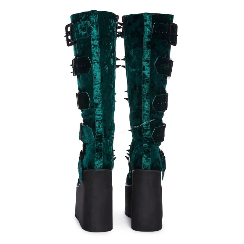 Green Velvet Spiked Goth Wedge Platform Boots