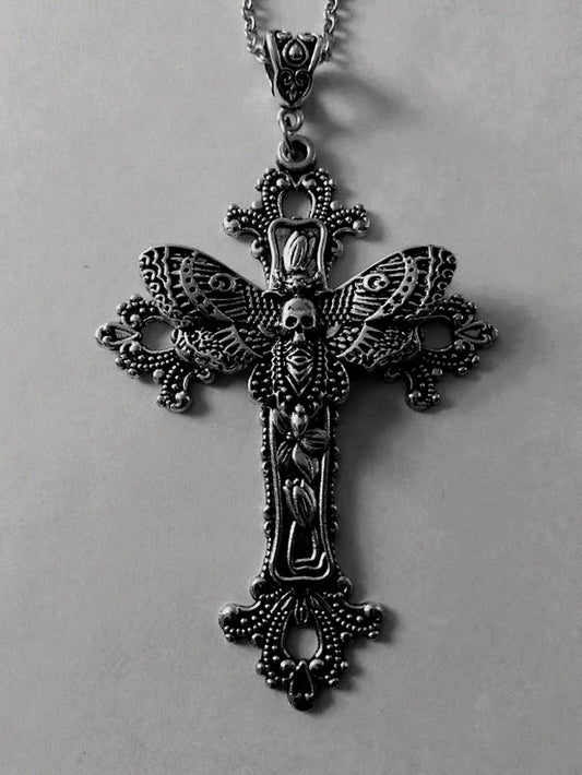 Vintage Victorian Large Death Moth Cross Necklace