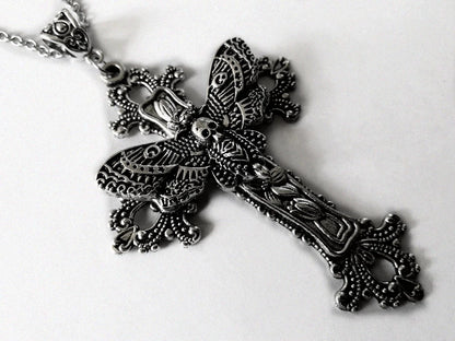 Vintage Victorian Large Death Moth Cross Necklace