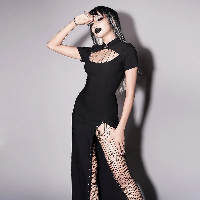 Dark Goth Chest Chain Leg Slit Dress