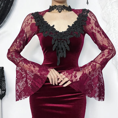 Long Bell Sleeve Lace Trim Slit Dress