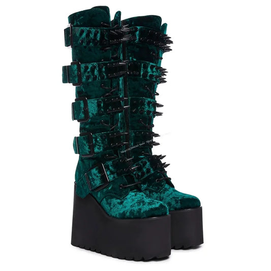 Green Velvet Spiked Goth Wedge Platform Boots